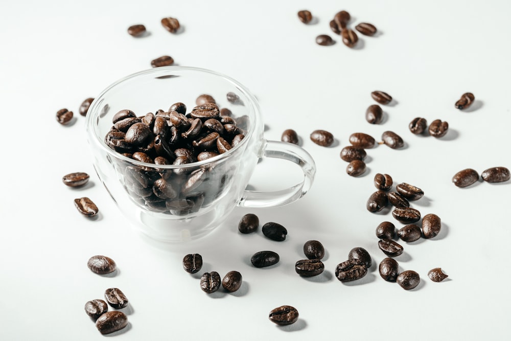 black and brown coffee beans on white ceramic cup