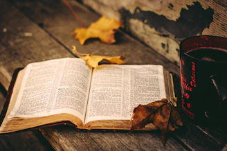 An open journal beside a steaming cup of tea, surrounded by scattered autumn leaves.