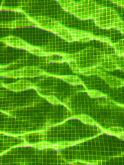 Vibrant green tiles form a grid pattern, with varying intensities of light creating a dynamic, wavy appearance.