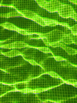 Vibrant green tiles form a grid pattern, with varying intensities of light creating a dynamic, wavy appearance.