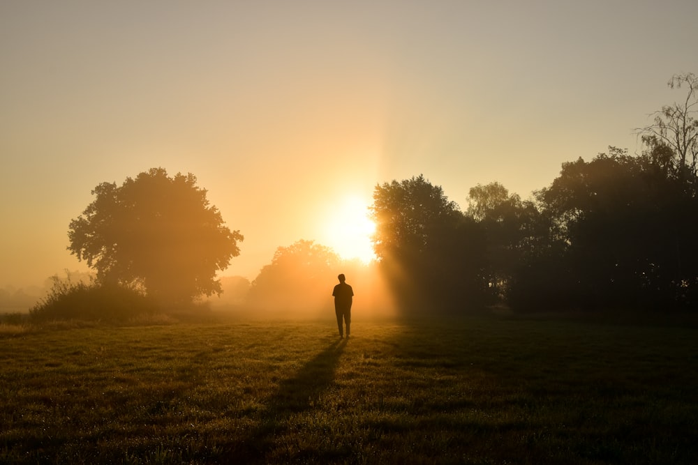 silhueta da pessoa em pé no campo de grama verde durante o pôr do sol