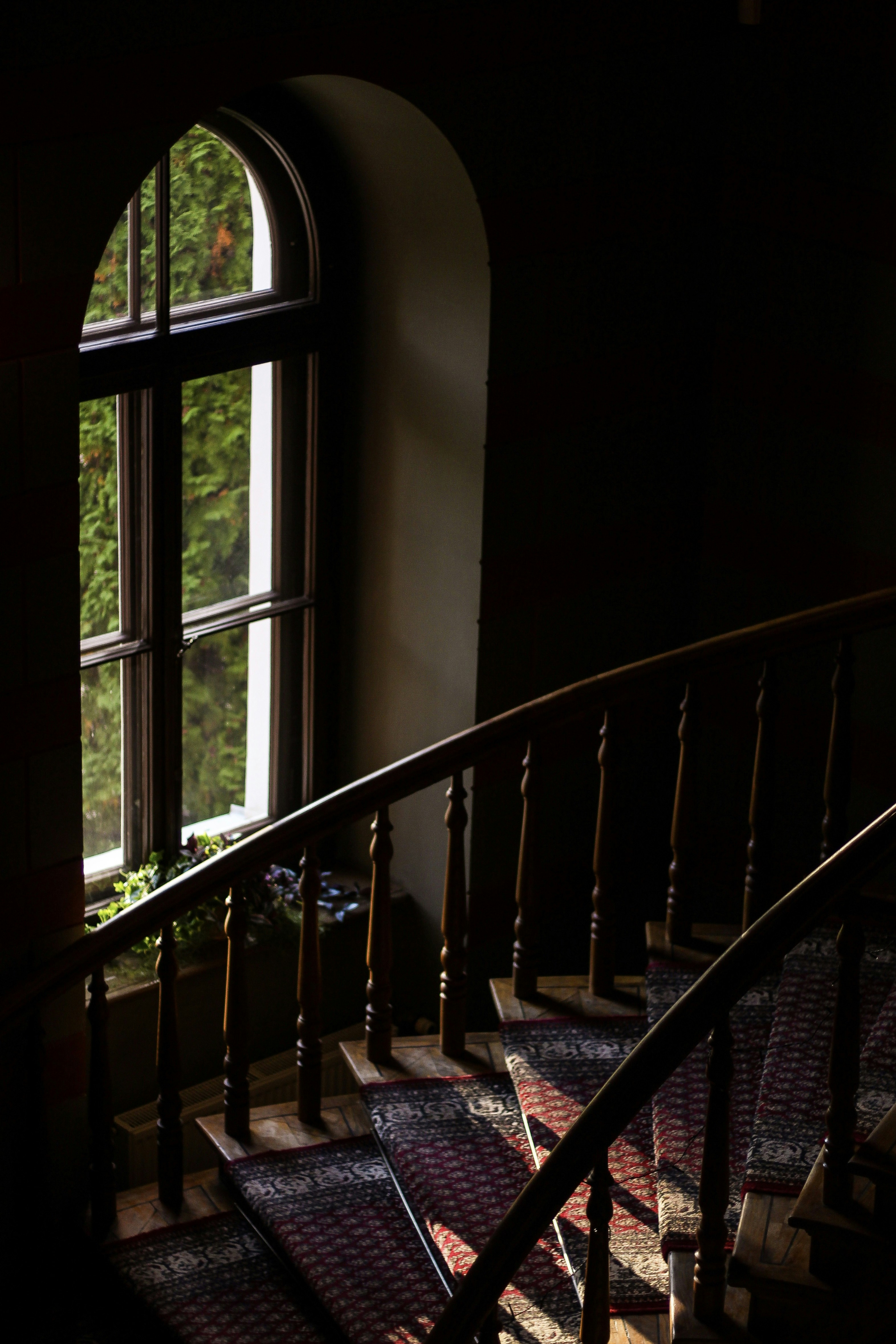 brown wooden staircase near window