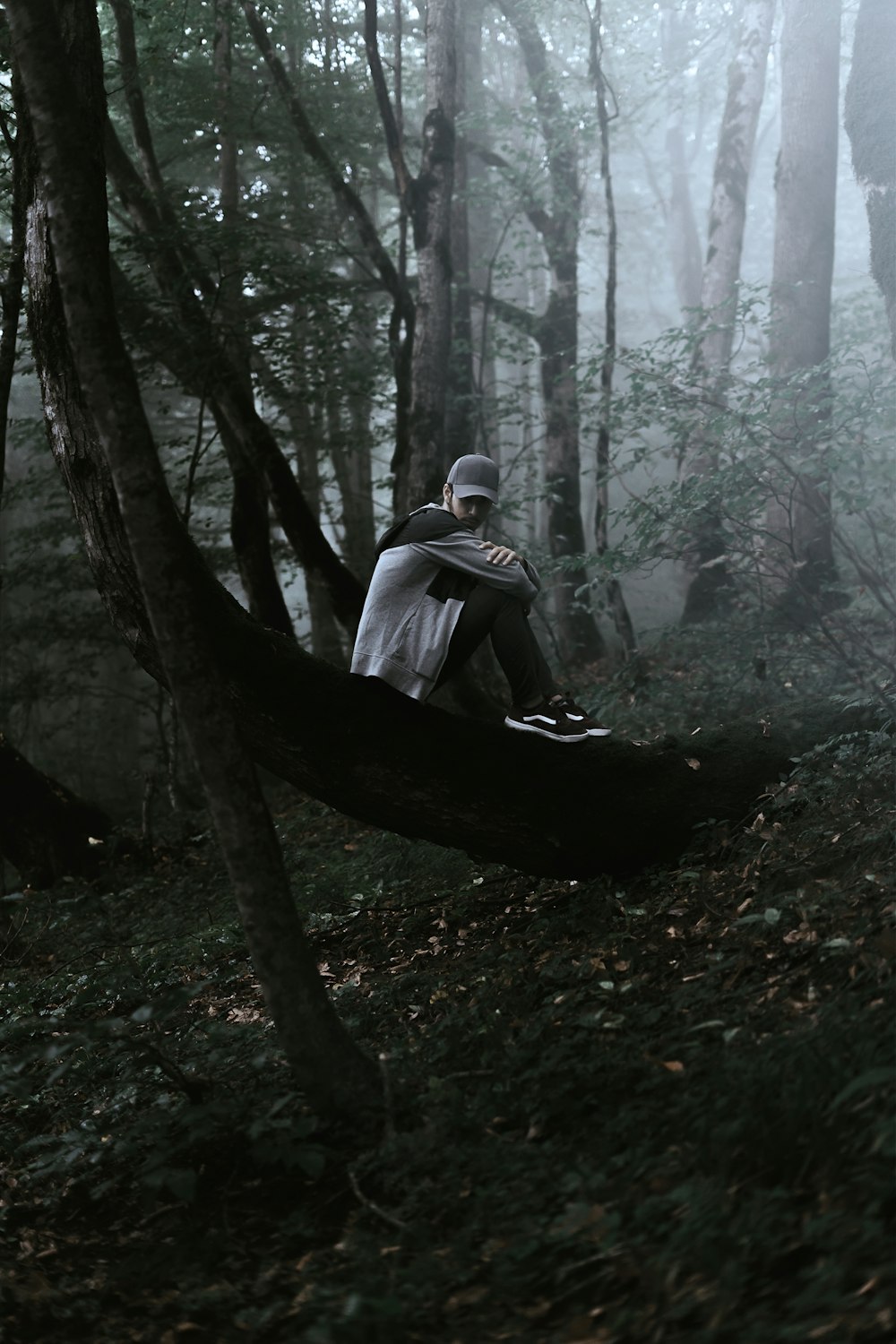 man in white jacket sitting on tree branch