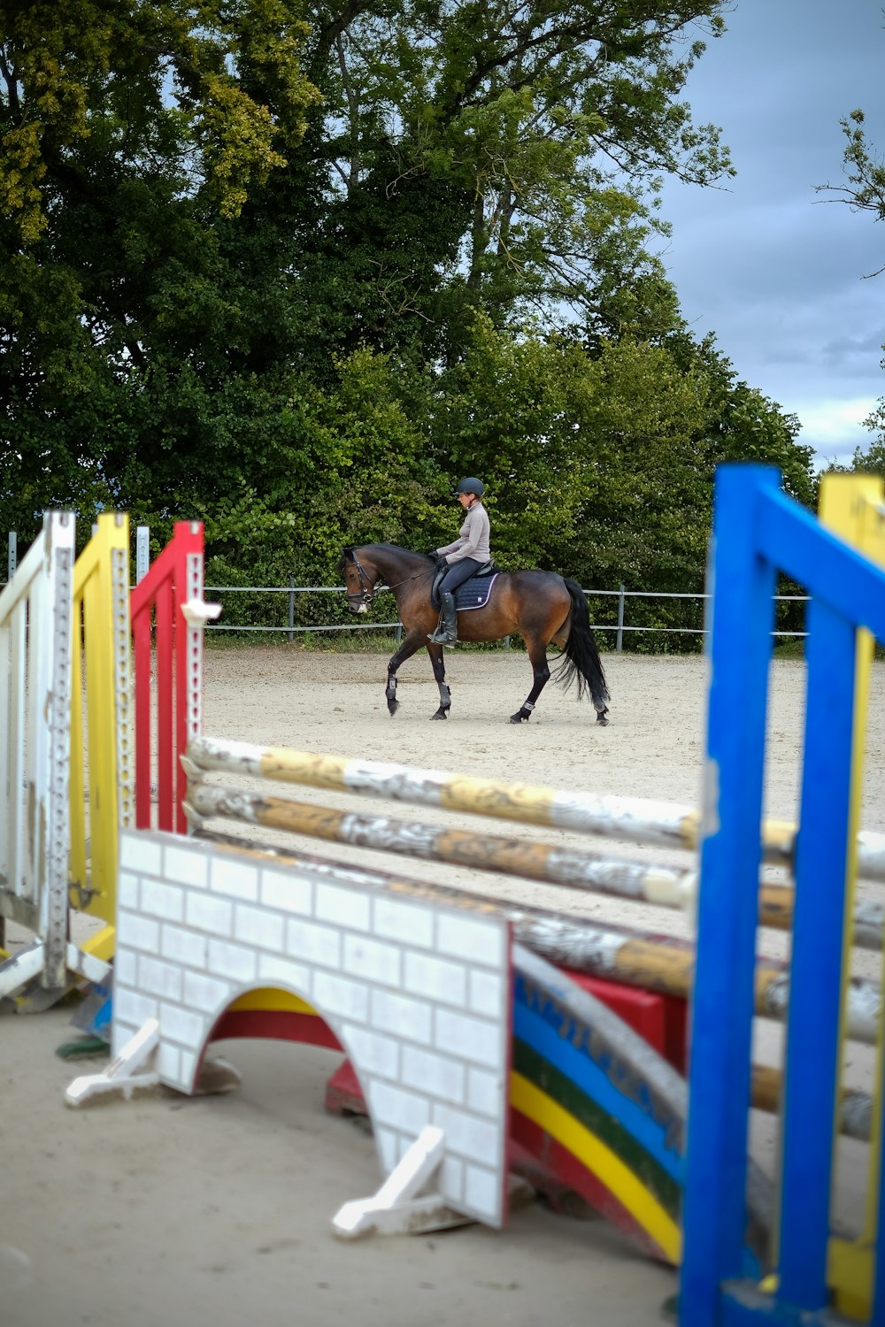 brown horse jumping on blue wooden fence during daytime