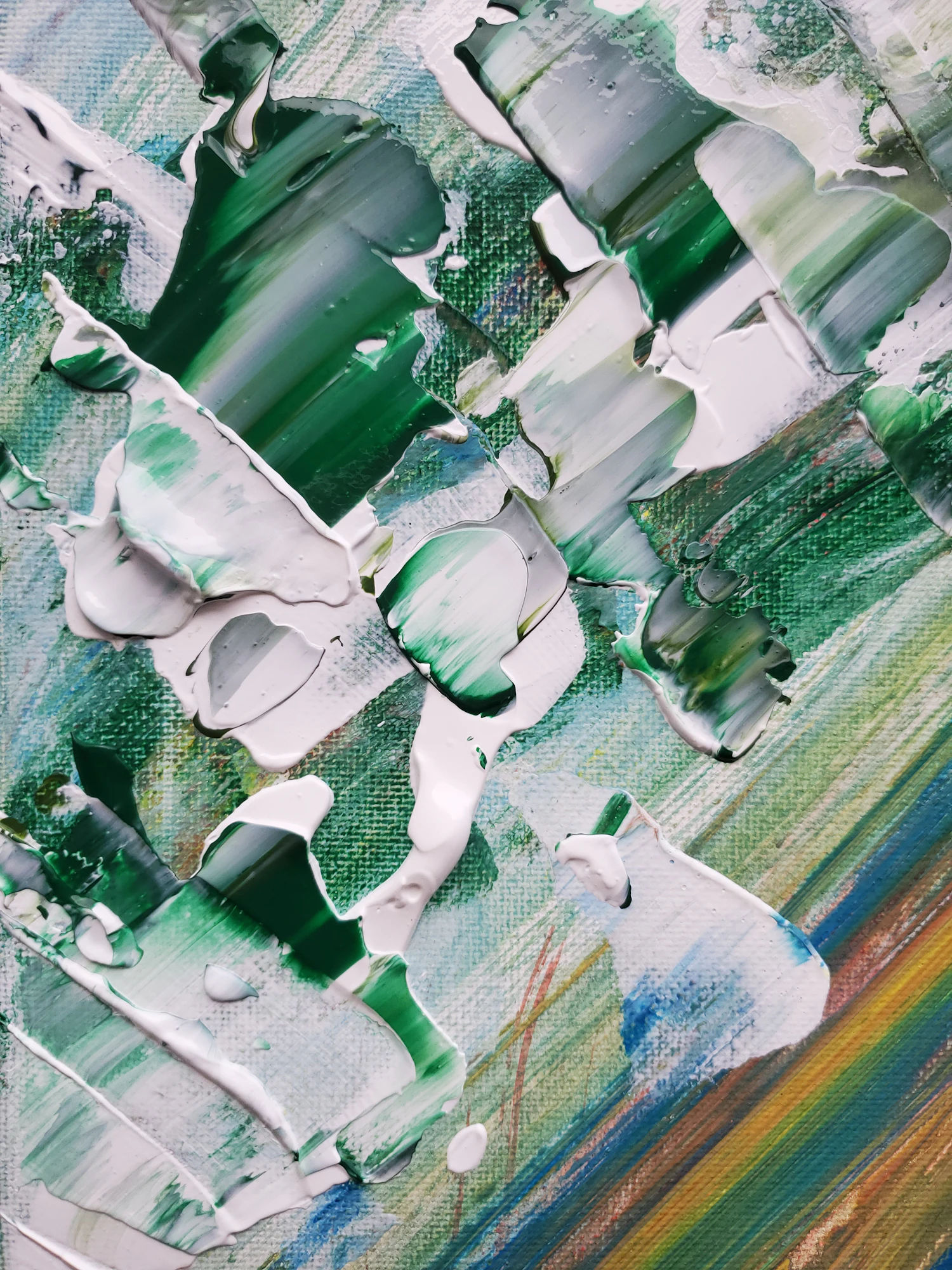 Green and white palette-knife painting, close in tone