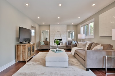Living room with cozy fireplace and modern furniture