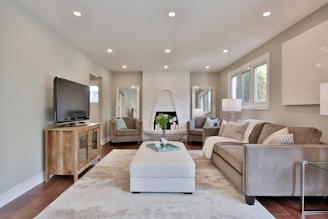 Living room with cozy fireplace and modern furniture