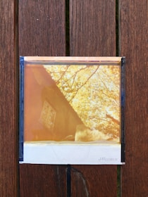 A vintage style photograph rests on a wooden surface. The image within the photograph appears faded and features trees with branches and leaves visible, casting a warm, yellowish tone. Additional elements in the photograph may include a structure or object that is difficult to distinguish due to the image's faded quality.