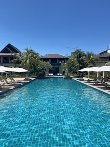 A luxurious swimming pool surrounded by sun loungers, umbrellas, and tropical trees. The pool reflects the clear blue sky, creating a serene and inviting atmosphere. In the background, a building with a sloping roof stands amidst palm trees.