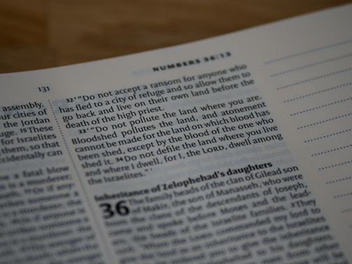 A close-up of an open book, focusing on printed text with a verse from Numbers 35:33. The page is well-lit with a clear serif font, and there are dotted lines on the right margin.