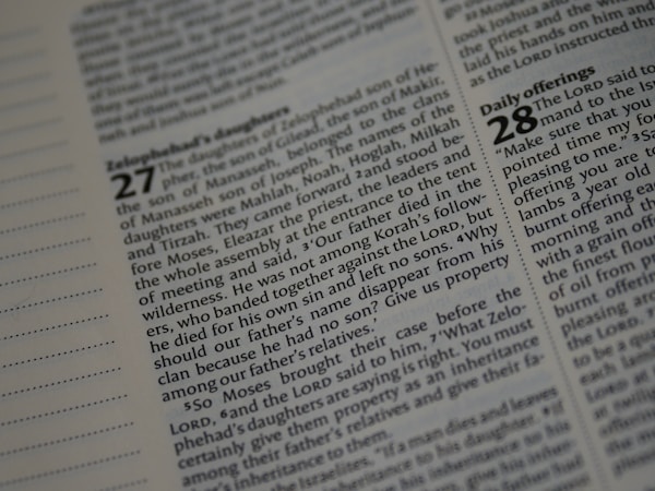 A close-up view of a page from a book showing columns of printed text. The page includes numbered sections, highlighting certain words in bold. The layout appears to be organized similarly to a religious or academic text.