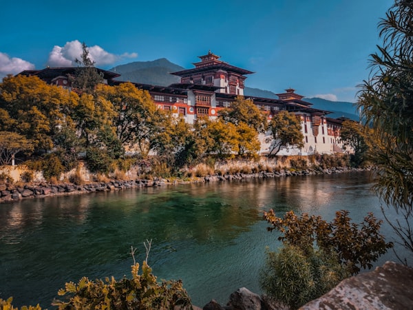 Punakha Dzong fortress monastery at river confluence in Bhutan valley