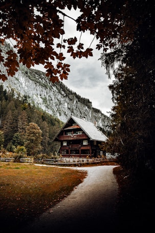 A picturesque wooden chalet is nestled among tall, dense coniferous trees with a mountain cliff in the background. The scene is framed by autumnal leaves at the top, adding a sense of enclosure. A winding gravel path leads towards the house, inviting a sense of journey or arrival.