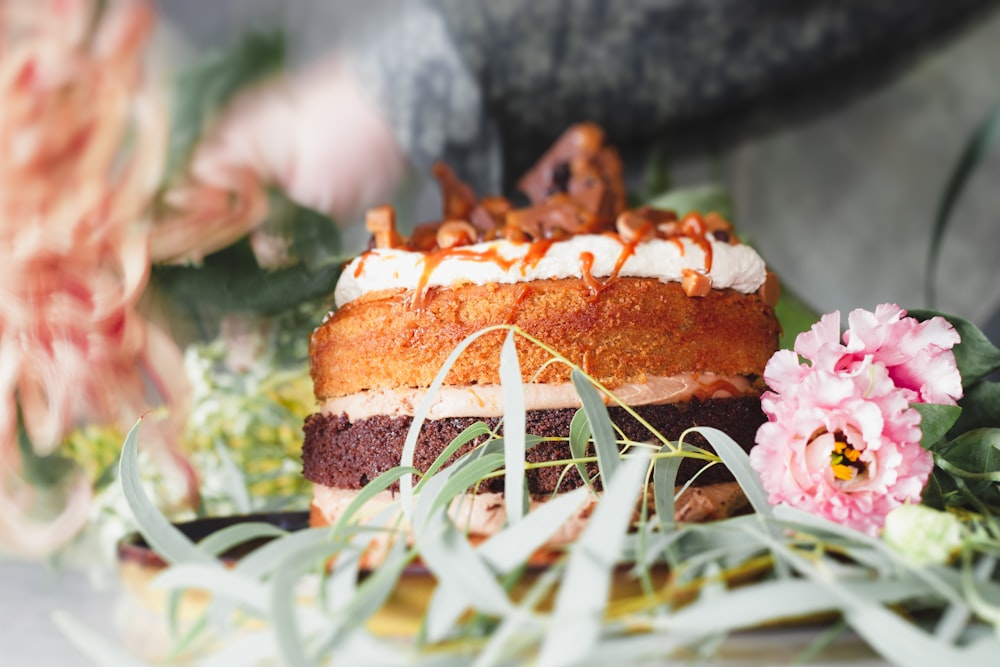 brown bread with pink and white toppings