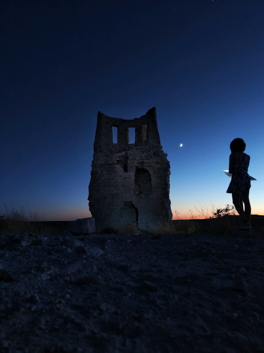 silhouette of woman standing near brown concrete building during night time