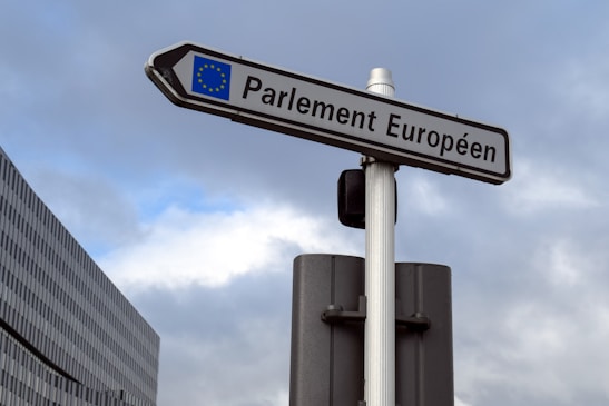 A street sign with the text 'Parlement Européen' is mounted on a pole against a backdrop of a cloudy sky. The sign also features the European Union flag. A modern building with a grid-like facade is partially visible to the left.