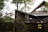 A modern wooden house with a sloped roof and large windows is partially hidden by trees and foliage. The structure has a prominent gabled roof, and the walls are made of horizontal wooden planks. An outdoor deck area with a railing is visible. A sign with Japanese characters is mounted on a stone wall at the base of the structure, suggesting it could be a restaurant or establishment.