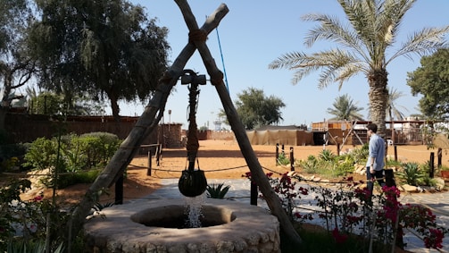 A traditional water well with a pulley system is set in a garden with palm trees and desert sand. A person in casual clothing stands nearby, observing the scenery. Various plants and flowers surround the area, and there are wooden structures in the background.
