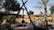 A traditional water well with a pulley system is set in a garden with palm trees and desert sand. A person in casual clothing stands nearby, observing the scenery. Various plants and flowers surround the area, and there are wooden structures in the background.