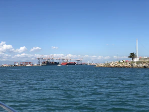 A scenic view of a port with several large shipping cranes and cargo ships visible in the distance. The sea water is calm and blue, contrasting with the clear sky. On the right, there is a small breakwater lined with large tetrapod concrete structures and a single palm tree. Some buildings and industrial structures are visible near the port.