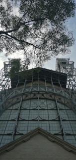 A steel structure with large, grid-like windows reaches up towards the sky, flanked by two tower-like elements. Overhead, tree branches with leaves partially obscure the view, adding a natural contrast to the industrial feel of the metal framework.