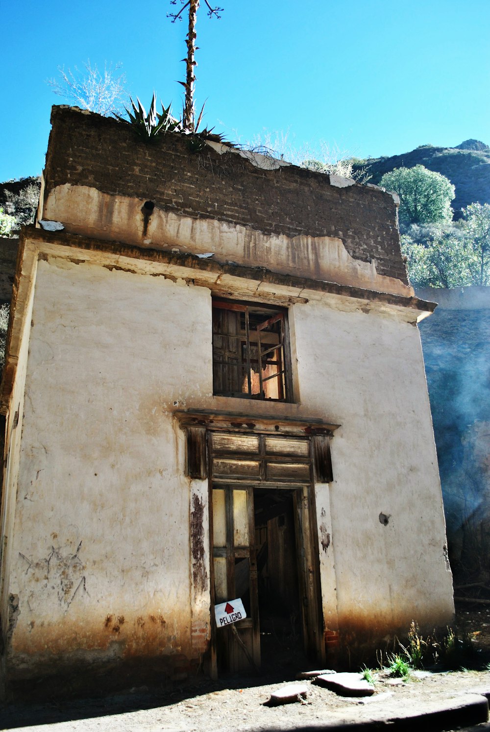 brown wooden door on white concrete building