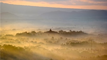 A serene landscape with mist covering lush greenery. In the distance, a silhouette of a temple rises above the trees, surrounded by soft, golden morning light. The sky displays gentle hues of orange and blue as the sun breaks through the clouds.