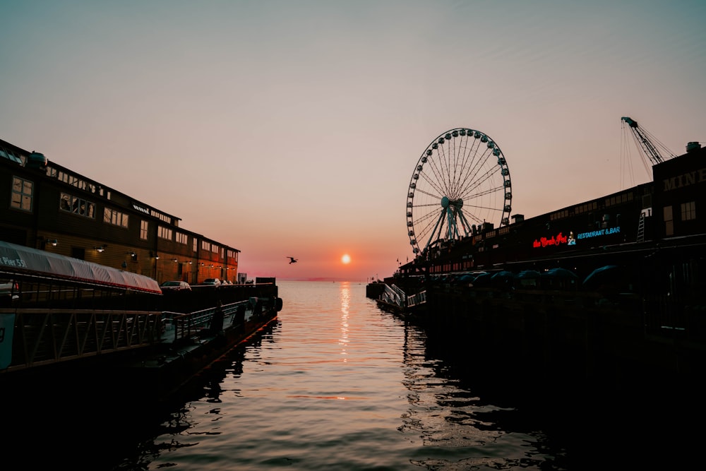 ferris wheel near body of water during sunset