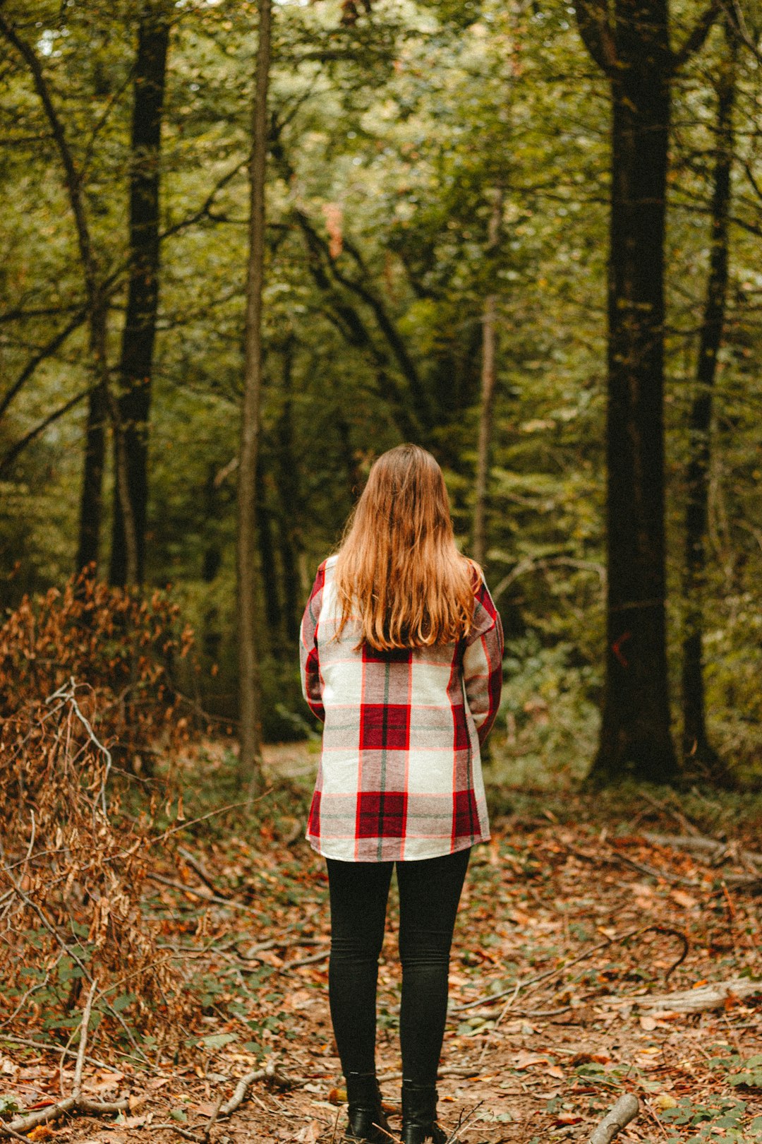 girl in red and white plaid dress shirt standing on brown dried leaves during daytime