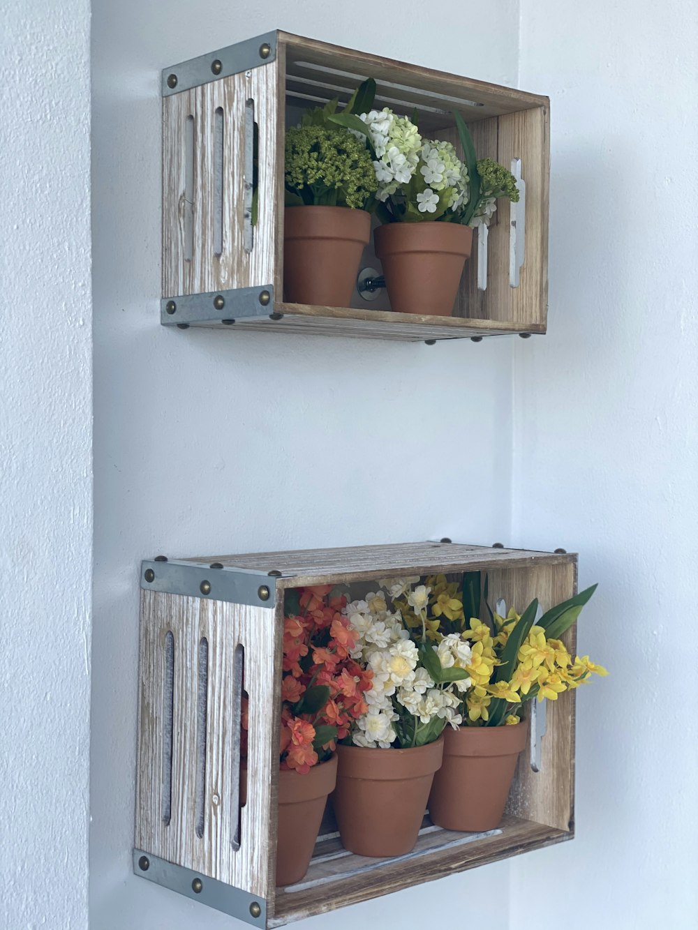 yellow and orange flowers on brown wooden wall mounted rack