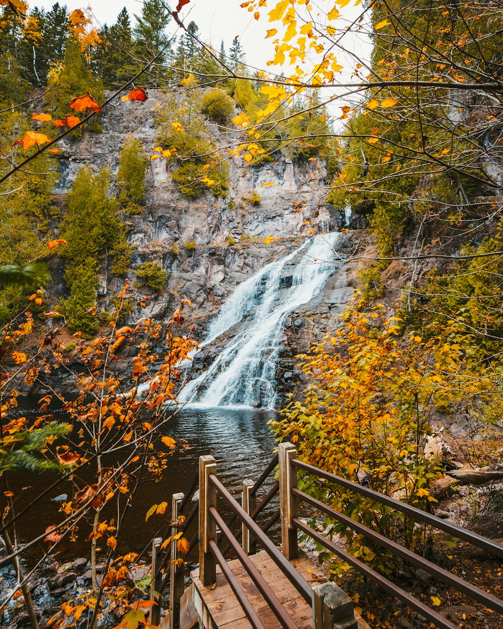 brown wooden railings near water falls