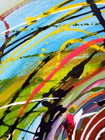 A dynamic abstract canvas featuring energetic lines and contrasting hues capturing raw feeling.