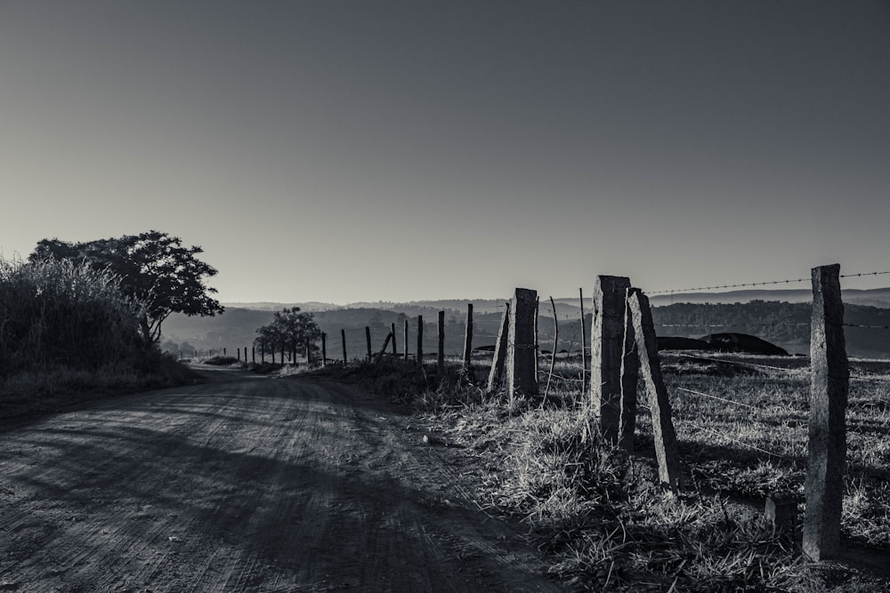 grayscale photo of wooden fence on field