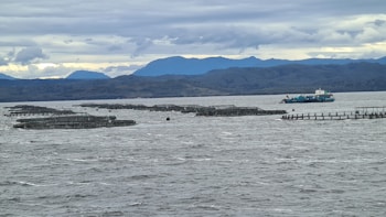 A large body of water with several fish farming cages scattered across the surface. A vessel, likely a fishing or service boat, is seen near the cages. In the background, there are distant mountains under a cloudy sky.