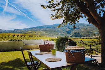 A picturesque outdoor setting featuring a picnic table with two wicker baskets and a potted plant on top. The scene overlooks a lush vineyard landscape with rolling hills and a clear blue sky marked by a few wispy clouds and a single vapor trail. A large tree provides shade, and there are two black folding chairs around the table.