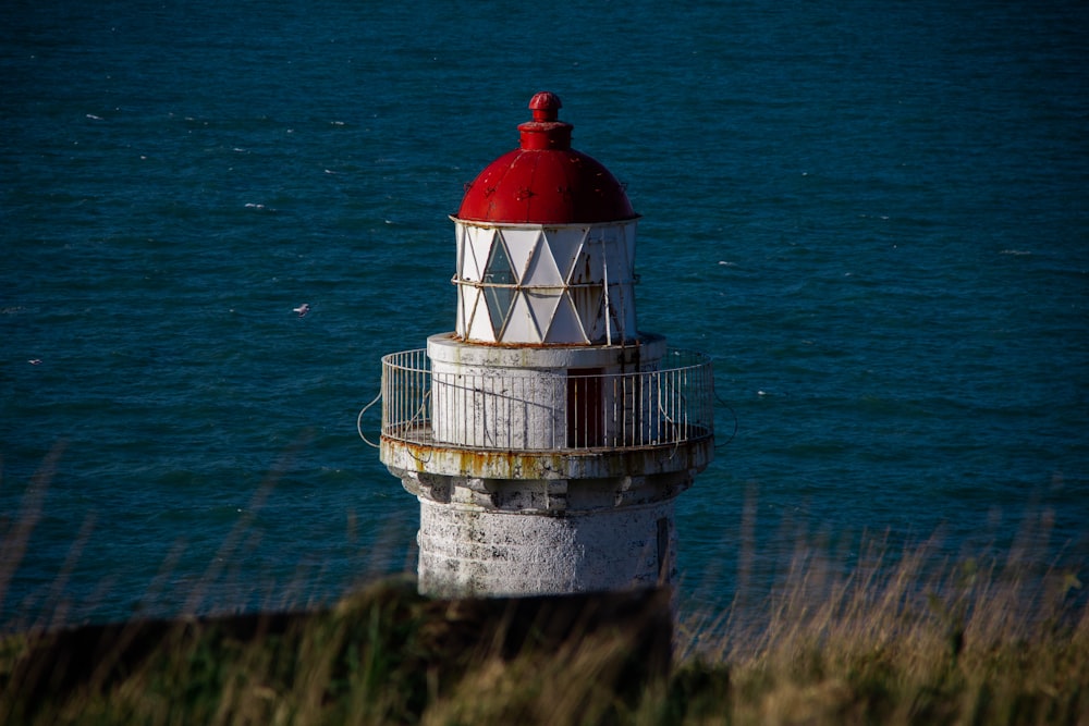 farol branco e vermelho no campo de grama verde ao lado do mar azul durante o dia