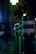 A series of bollards lined up along a street at night, each with a reflective band. The scene is dimly lit with bright, blurred lights in the background, creating a moody urban setting. Raindrops are visible on the surface of the bollards.