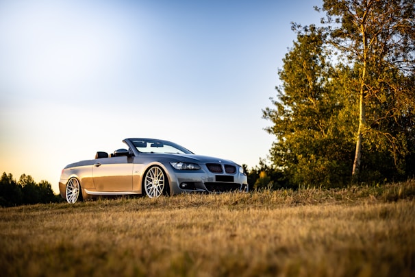 An elegant silver convertible under a clear sky.