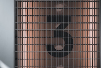 A large, black, stylized number 3 is displayed behind a metal grid. The background is a muted, warm beige color with light reflections visible.