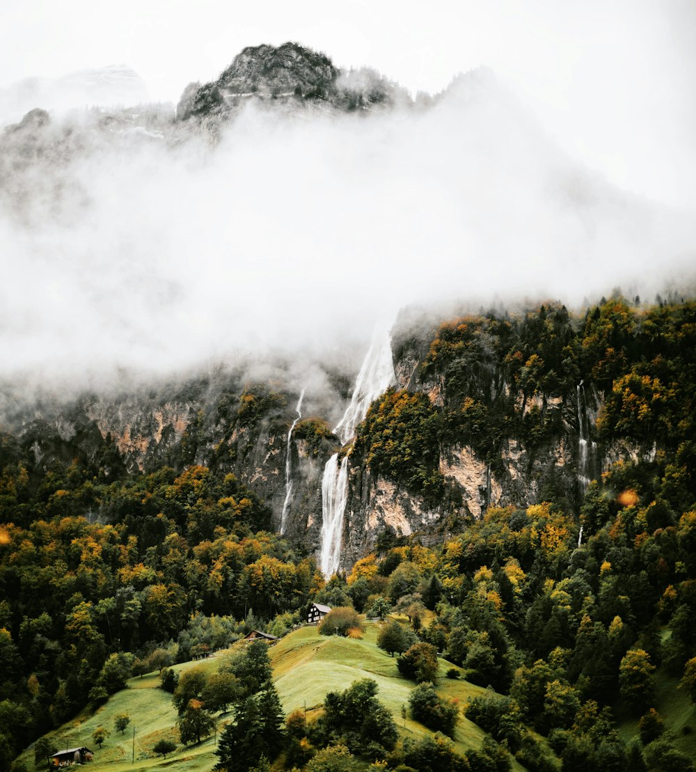 green grass field near waterfalls during daytime