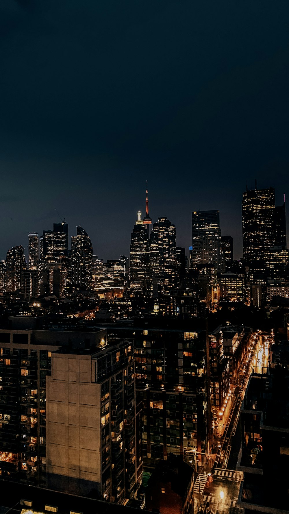 city skyline during night time