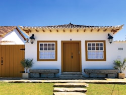 brown wooden door on brown concrete house