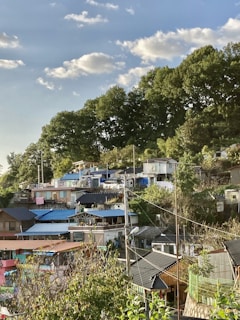 A hillside community with a collection of small houses featuring blue and gray rooftops nestled amongst lush green trees. The sky above is clear with a few scattered clouds, creating a peaceful and idyllic atmosphere.