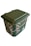 A green, perforated compost bin with a metallic handle. The lid appears secure, and part of the bag inside is visible through the openings in the container.