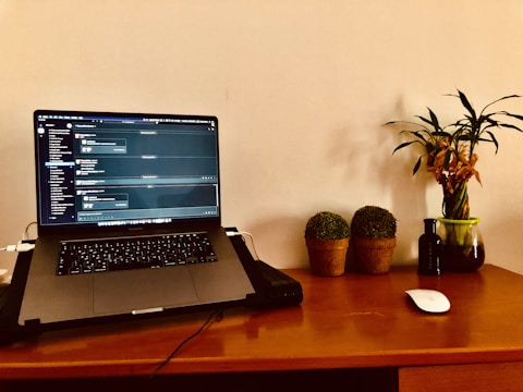 A laptop displaying a chat application is placed on a wooden desk. To the right, there are two small potted plants and a taller plant in a glass vase. A wireless mouse rests on the desk alongside a small dark bottle.
