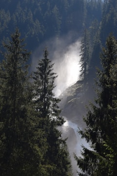 A misty waterfall framed by ancient trees with soft fairy lights glowing.