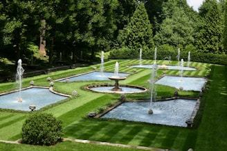 A beautifully manicured garden featuring multiple rectangular and circular water fountains, surrounded by neatly trimmed green lawns and dense trees. The water jets rise gracefully from the fountains, creating a serene and elegant atmosphere.