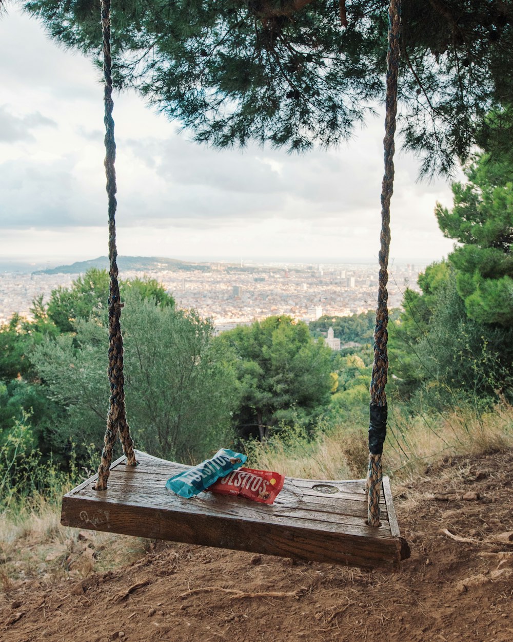 red and blue labeled pack on brown wooden swing