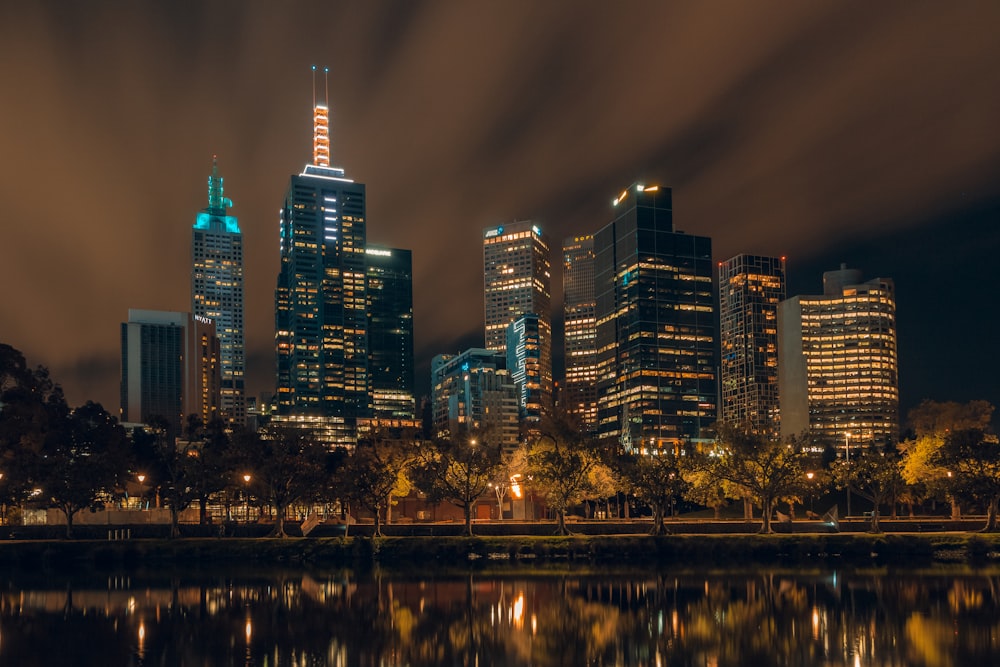 city skyline during night time