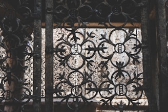 Intricate wrought iron patterns form ornate designs with floral and circular motifs. The metalwork features a rustic, aged appearance, with light filtering through behind, highlighting the craftsmanship.